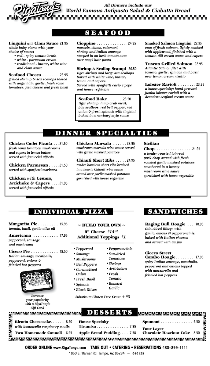 RigaTony's Authentic Italian Restaurant Photo Menu 1