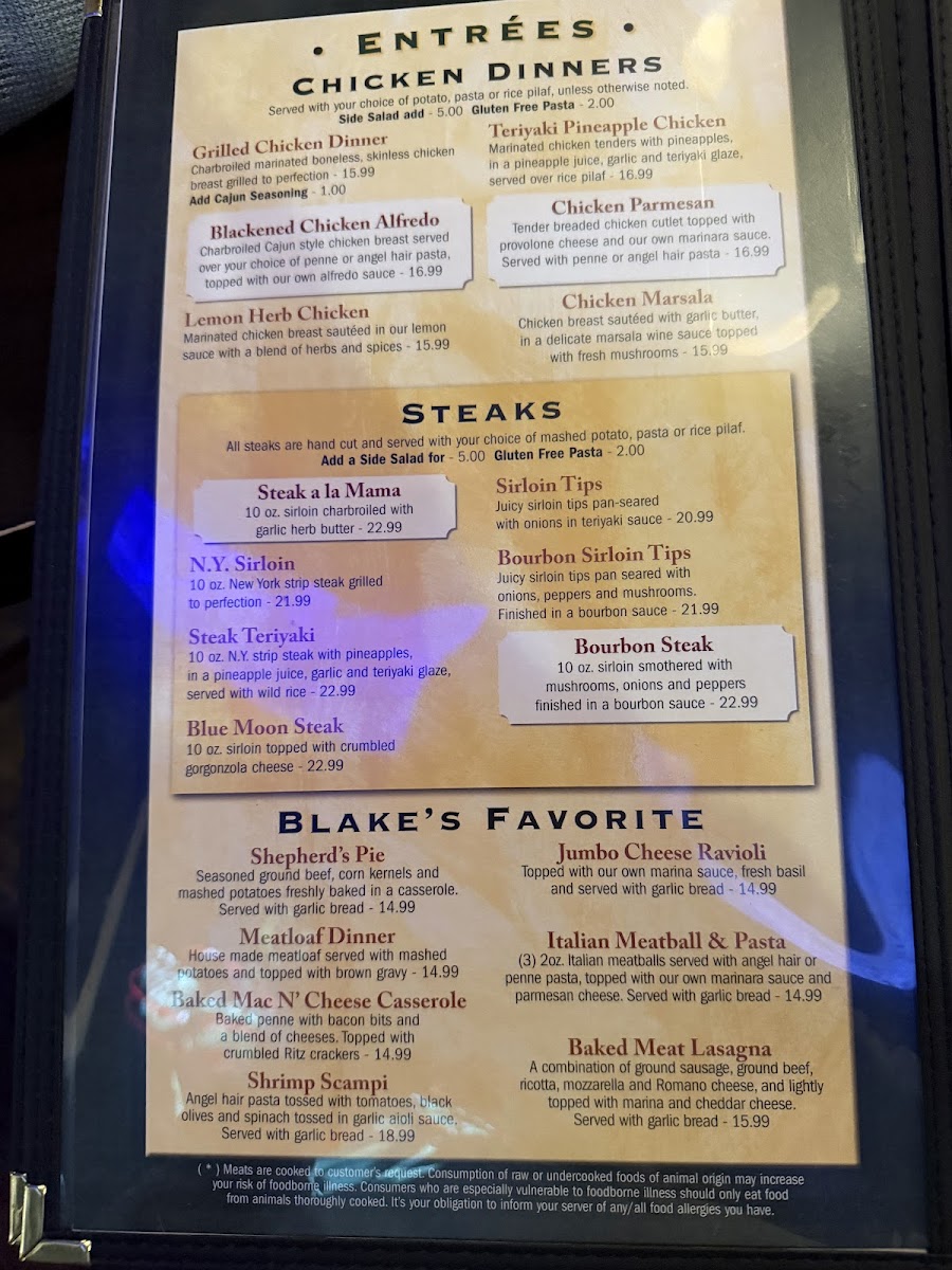 Blake's Tavern Photo Menu 1