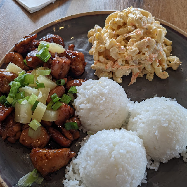Chicken Teriyaki Withe Pineapple Green Na Hawaiian Sticky Rice and Homemade Macaroni Salad