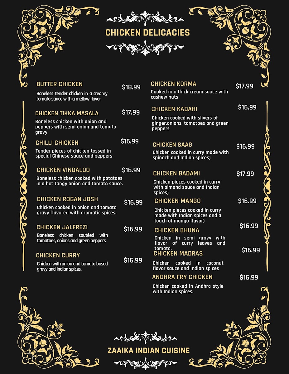 ZAAIKA INDIAN CUISINE Photo Menu 1