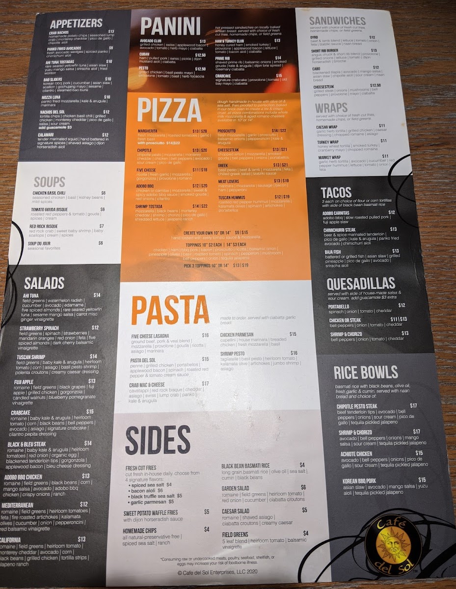 Delicious Menu at Cafe Del Sol | Crab Nachos, Paninis & Pizza