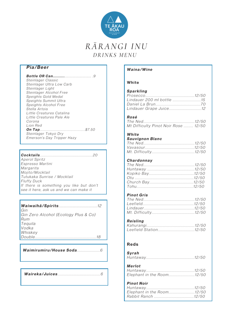 Te Akau Roa Restaurant Photo Menu 1