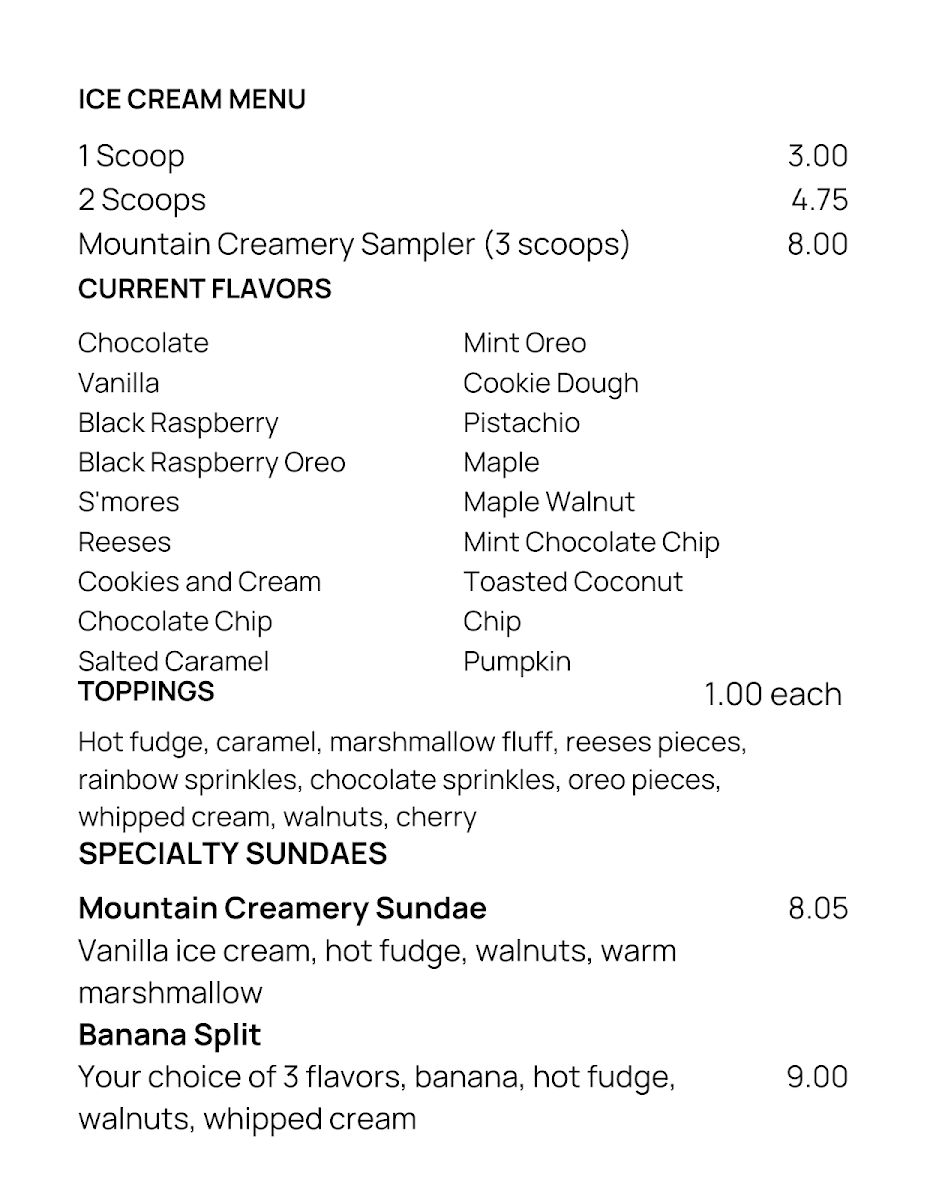 Mountain Creamery Photo Menu 2