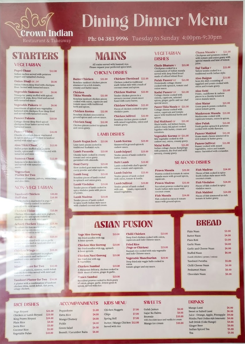 Crown Indian Takeaway & Restaurant Photo Menu 1