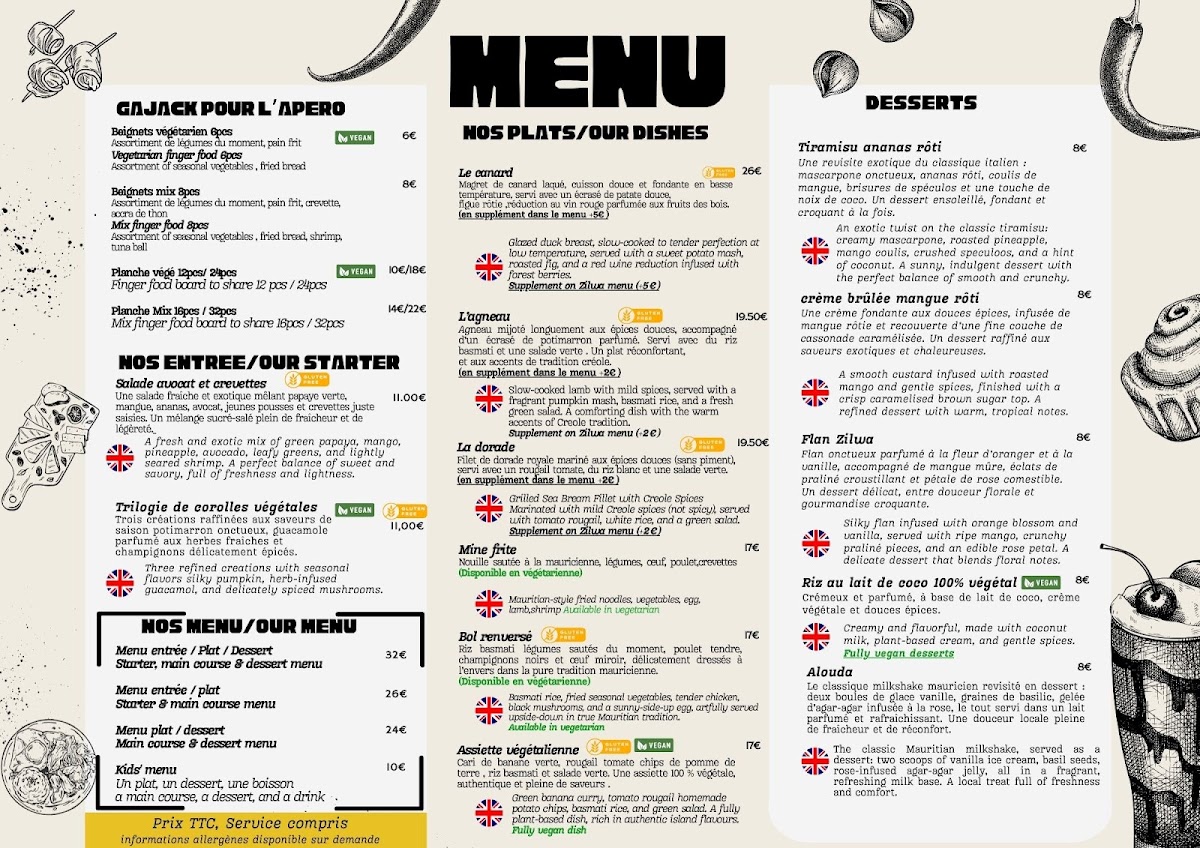 Zilwa Le Mans restaurant Mauricien Photo Menu 1