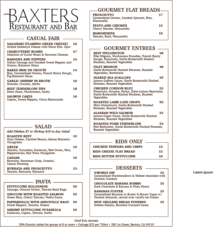 Baxters Restaurant & Bar Photo Menu 2