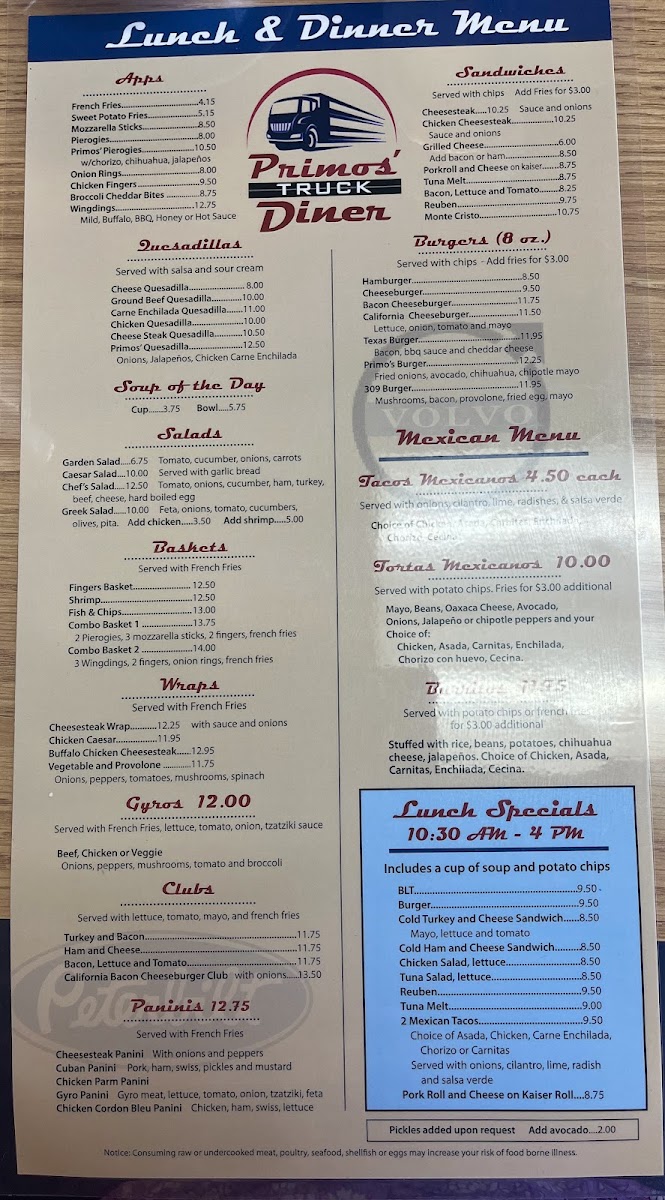 Primos truck stop diner Photo Menu 1