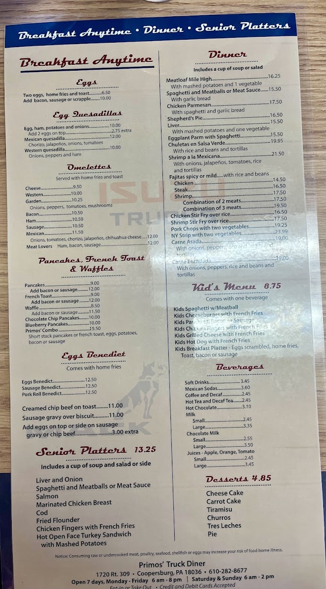 Primos truck stop diner Photo Menu 2