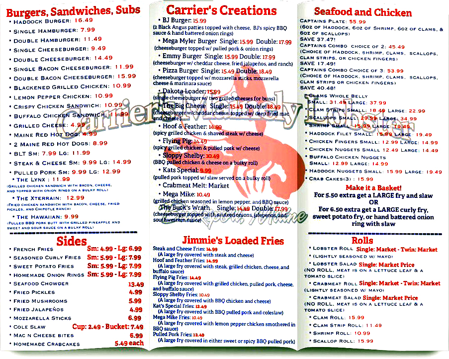 Carrier's Mainely Lobster Photo Menu 1