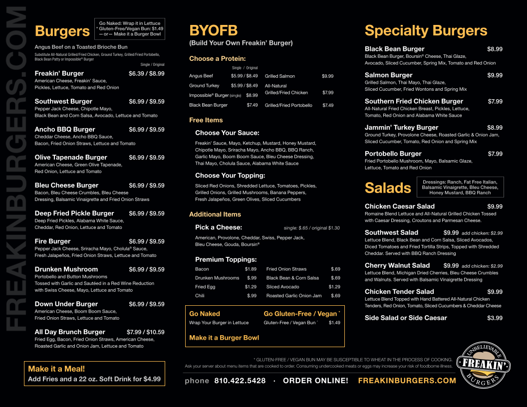 Freakin' Unbelievable Burgers Photo Menu 1