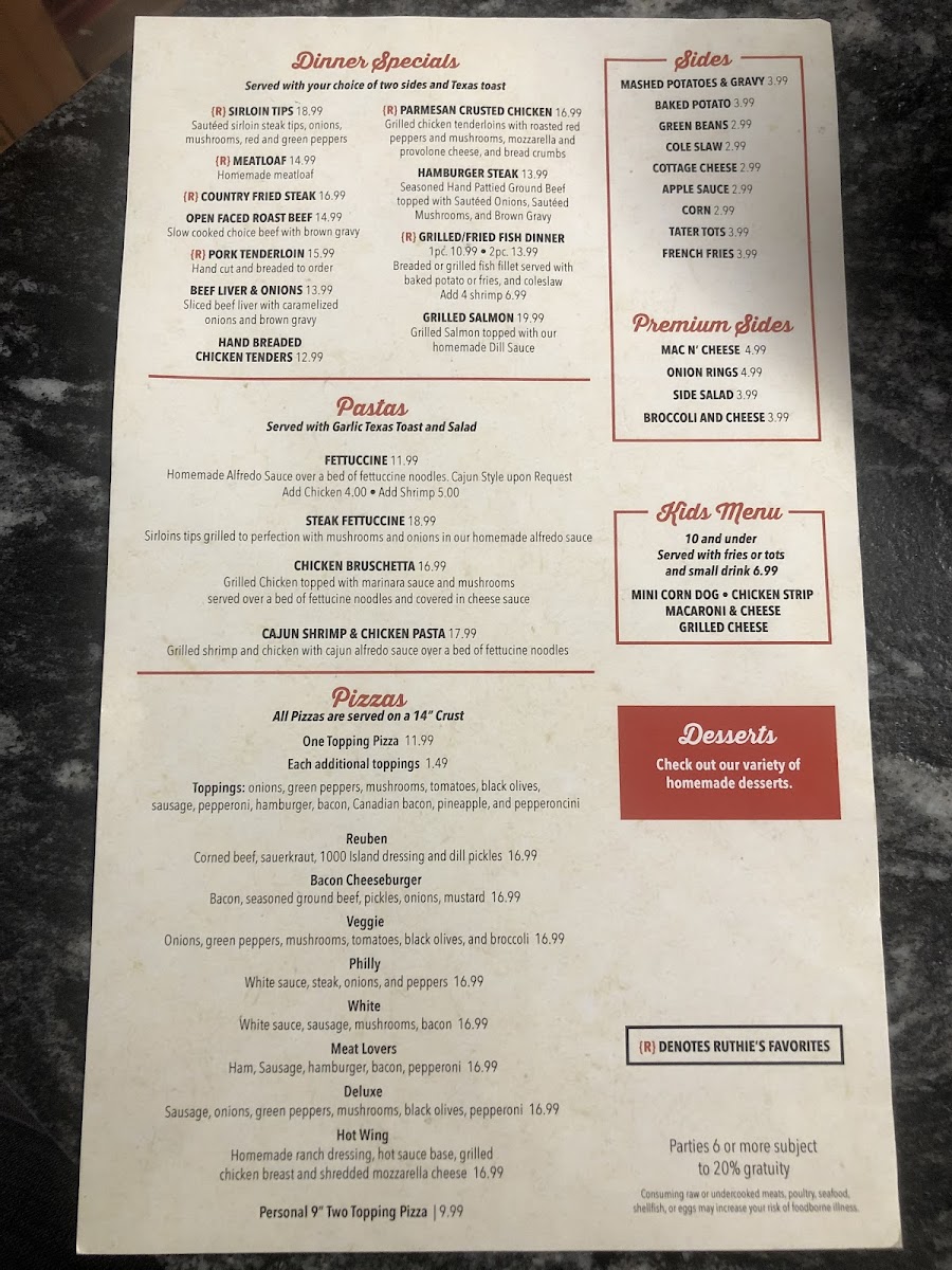 Ruthie’s Family Restaurant Photo Menu 1