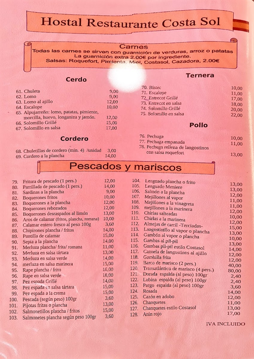 Hostal Costa Sol En Castell De Ferro Photo Menu 1