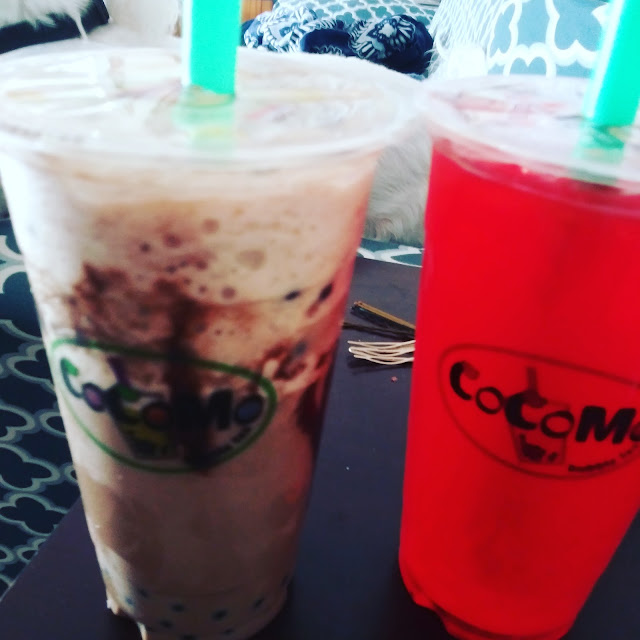 Chocolate Frappe with Chocolate Boba and Strawberry Lemonade with Strawberry Boba