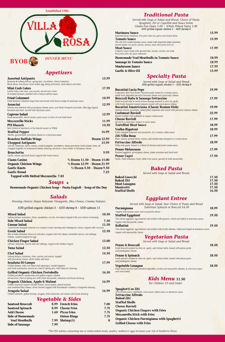 Villa Rosa Pizza & Restaurant Photo Menu 2