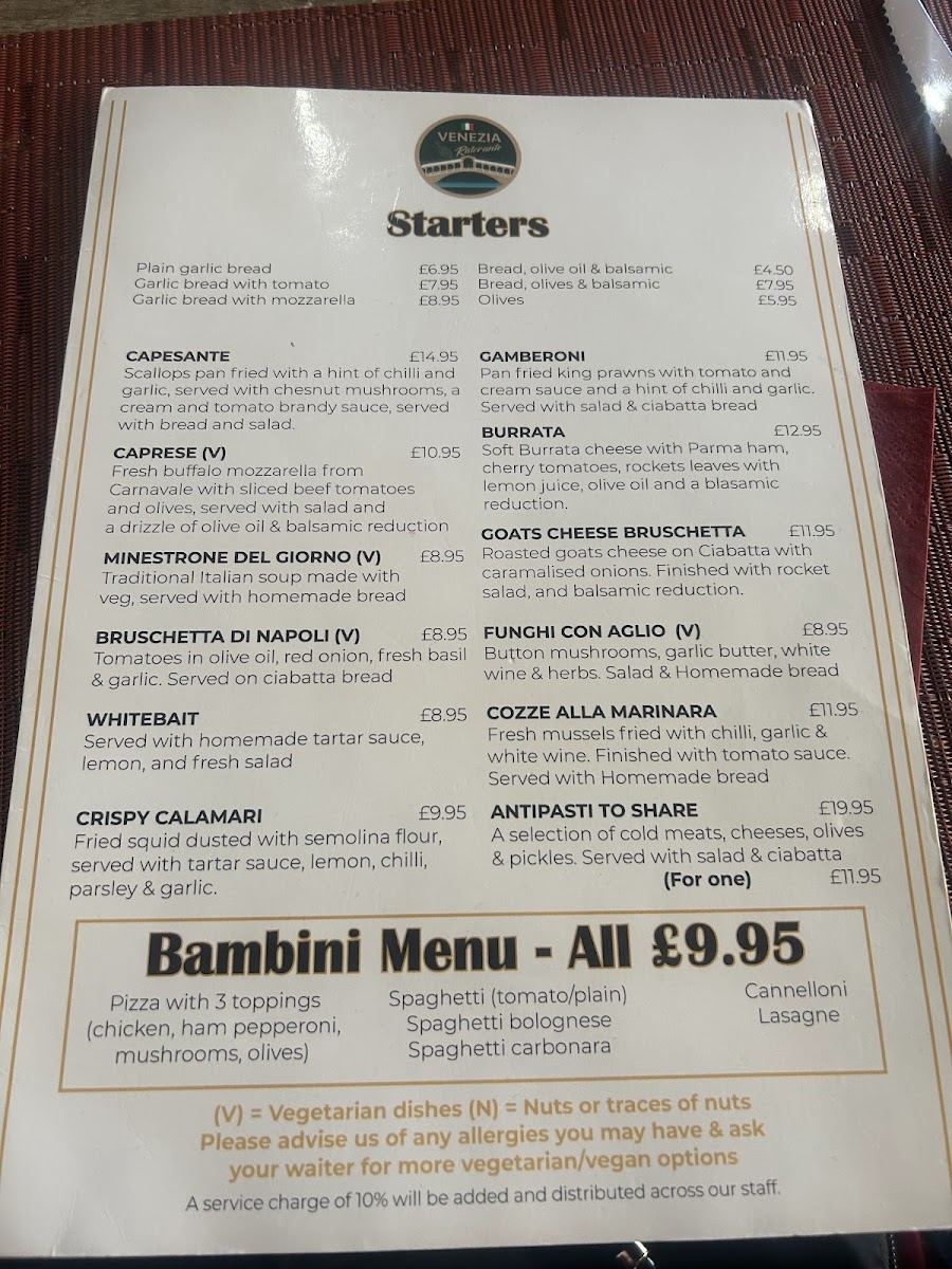 Venezia Italian Restaurant Bourton Photo Menu 1