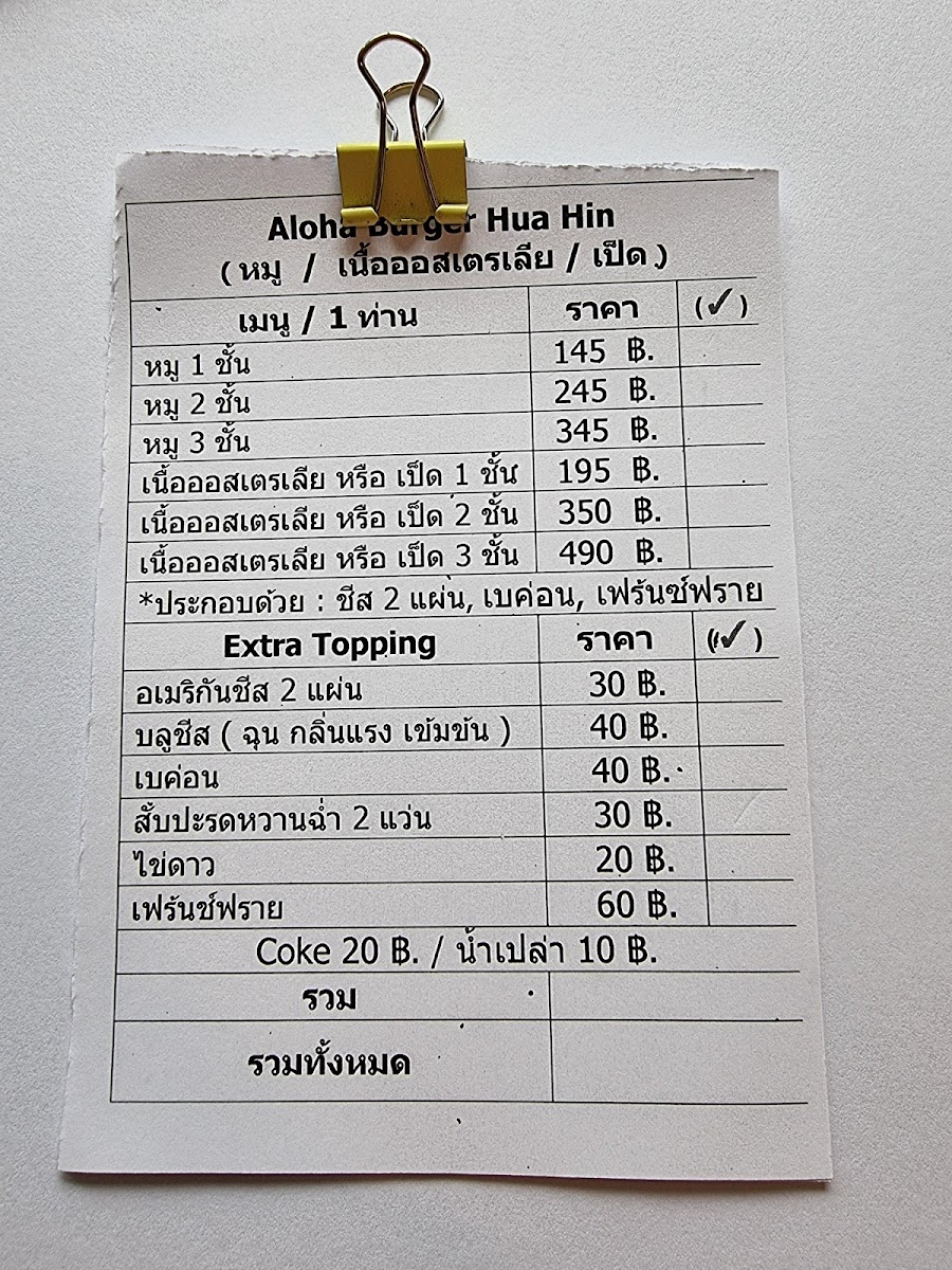 Aloha Burger Hua Hin Photo Menu 1