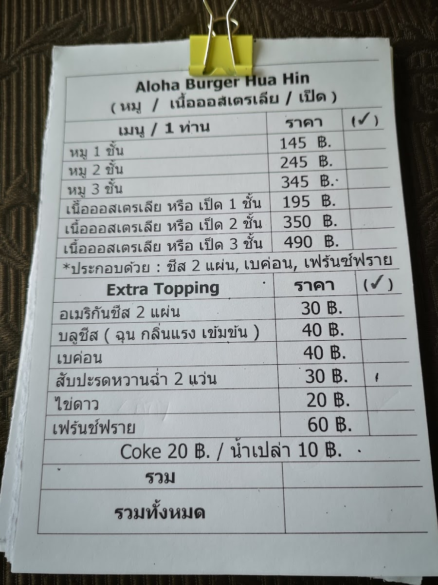 Aloha Burger Hua Hin Photo Menu 2