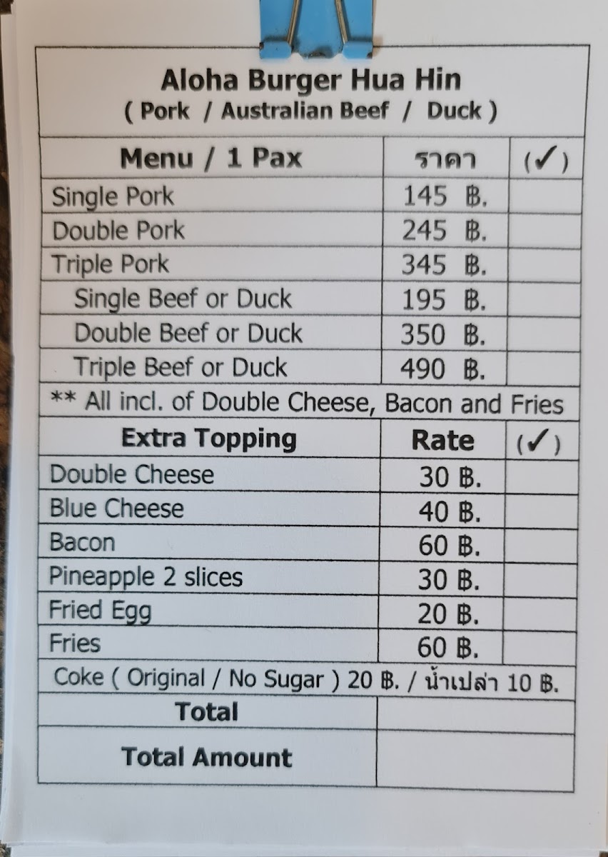 Aloha Burger Hua Hin Photo Menu 3