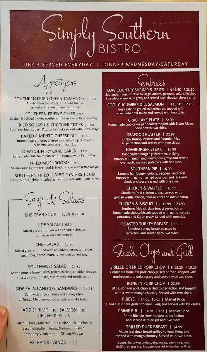 Simply Southern Bistro Photo Menu 1