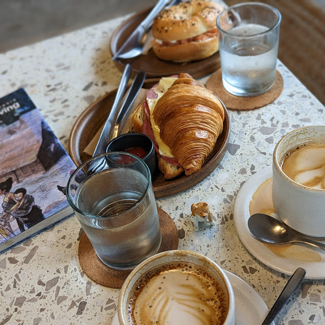 Ham and Cheese Croissant Cream Cheese and Salmon Bagel Hot Latte