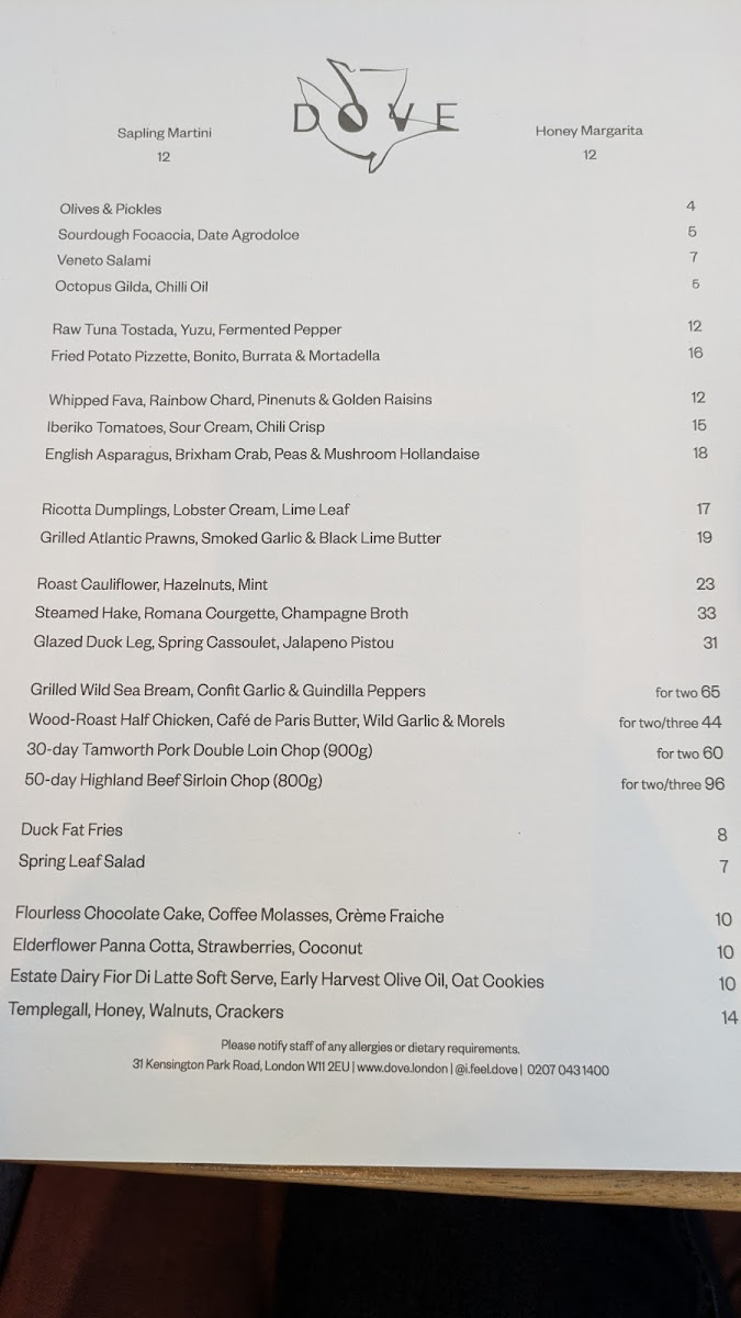 Dove Restaurant Photo Menu 1
