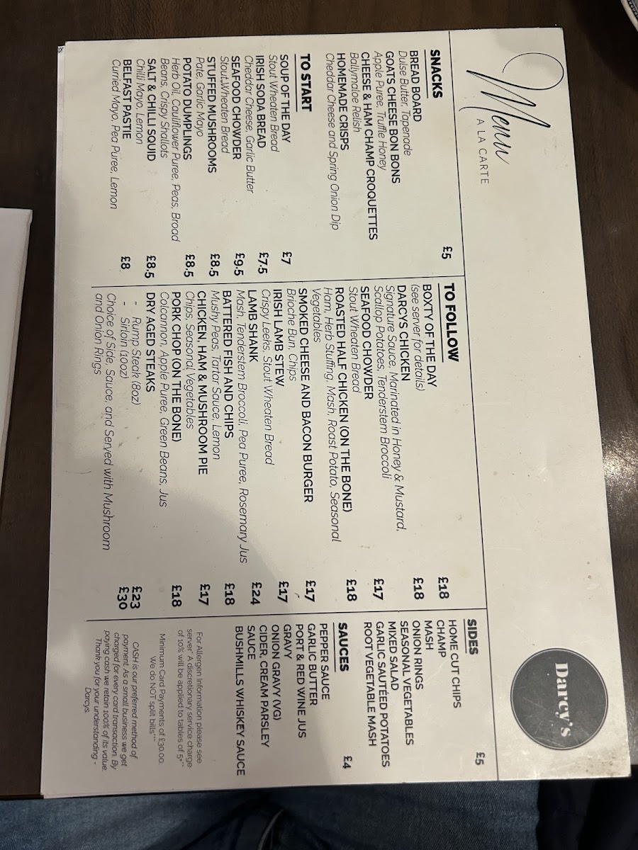 Darcy's Belfast Photo Menu 1