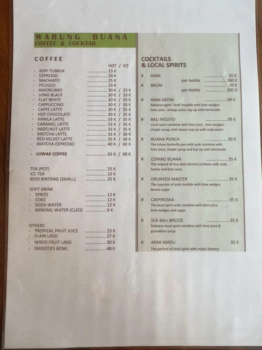 Warung Buana coffee and cocktail Photo Menu 1