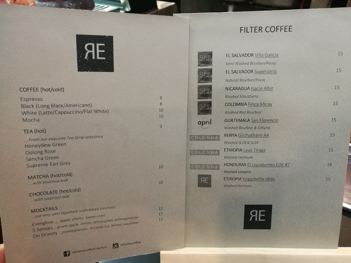 Reframe Coffee Roasters Photo Menu 3