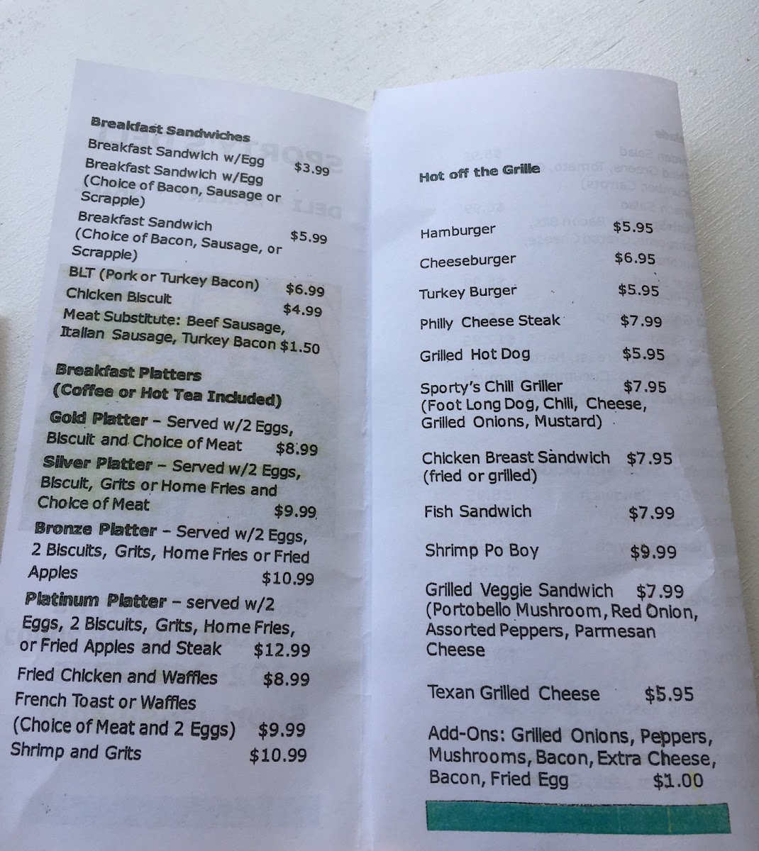 Sporty's Deli Photo Menu 1