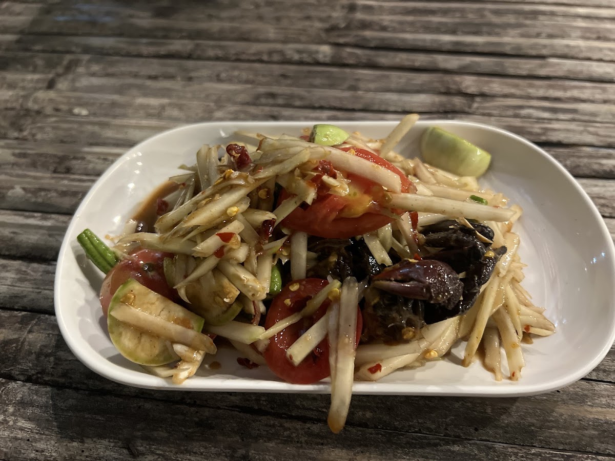 Hot pot, fried papaya salad, yellow tent. Photo 5