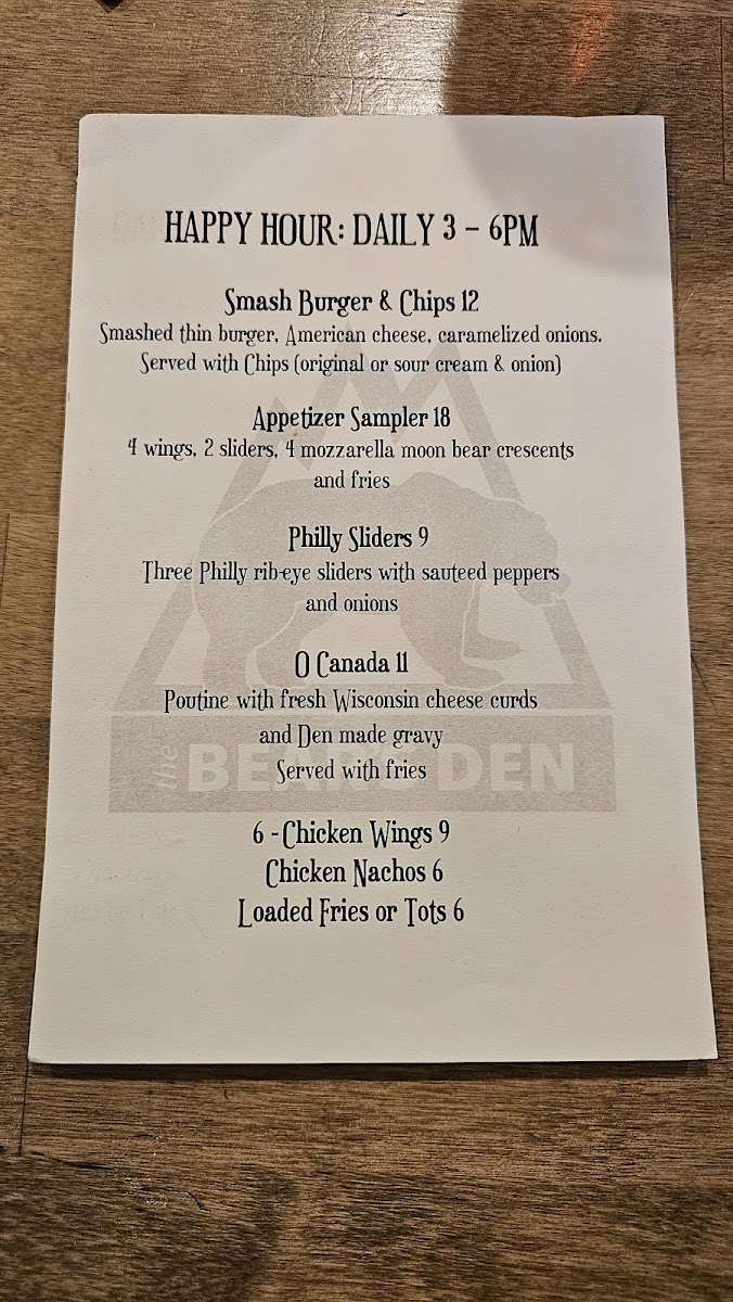 The Bear's Den Photo Menu 1