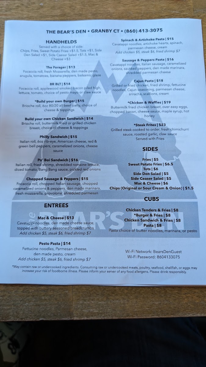 The Bear's Den Photo Menu 5