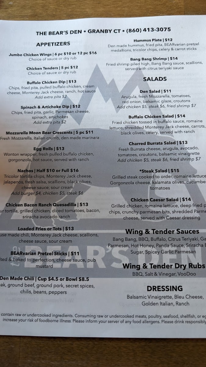 The Bear's Den Photo Menu 8