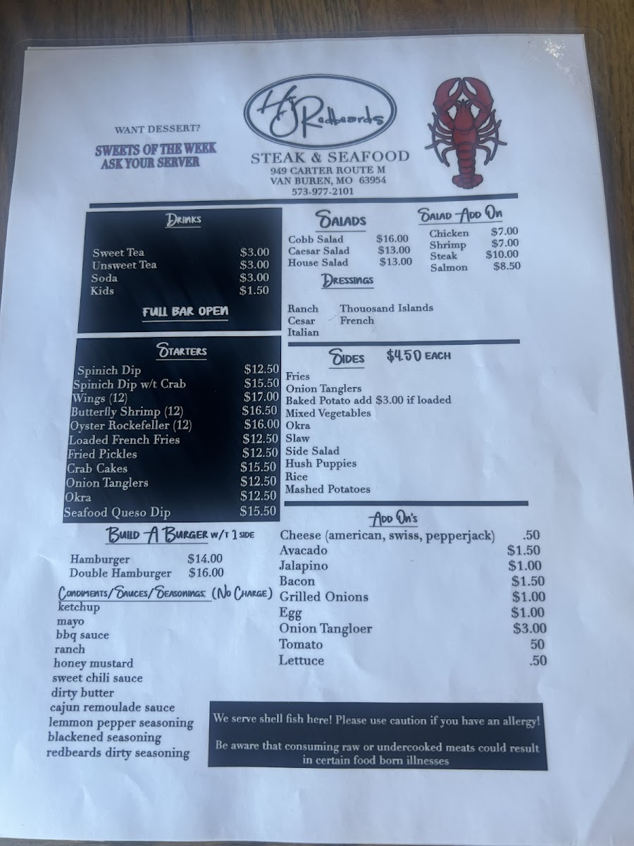 HJ Redbeard's Steak and Seafood Photo Menu 2