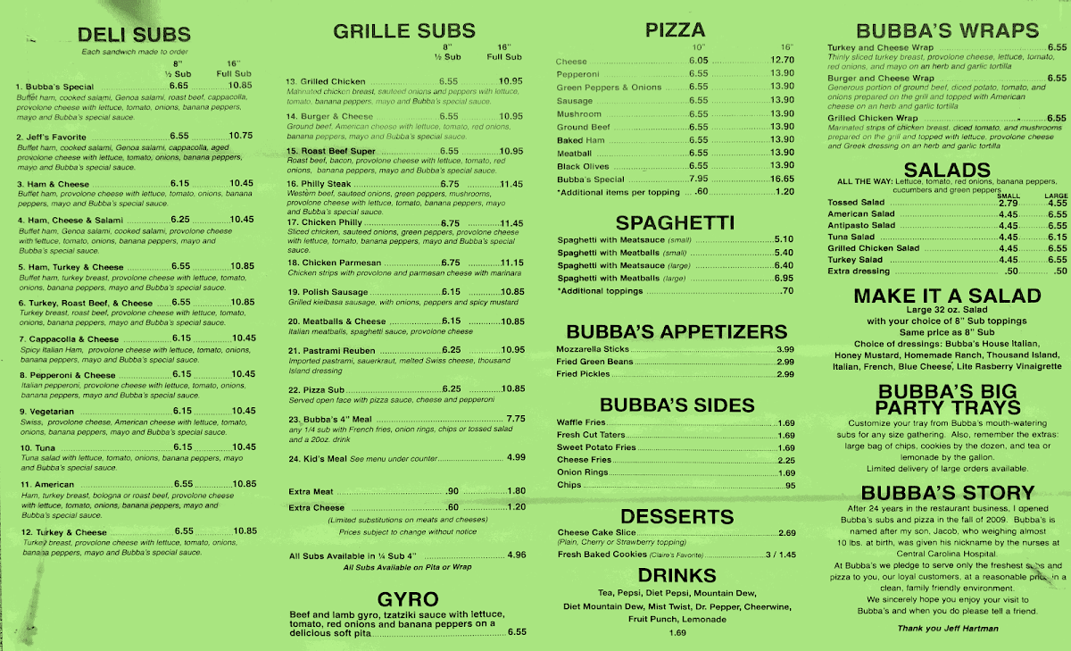 Bubba's Subs and Pizza Photo Menu 1