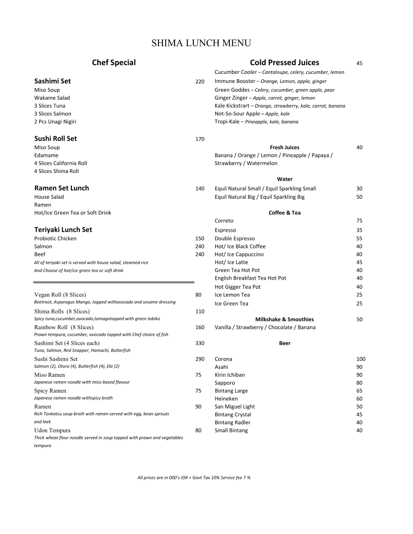 Shima Teppanyaki & Shabu Shabu Seminyak Photo Menu 1