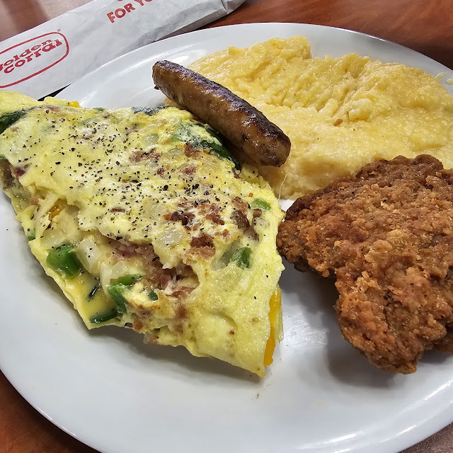 Omelette Cheese Grits Link Sausage and Country Fried Steak