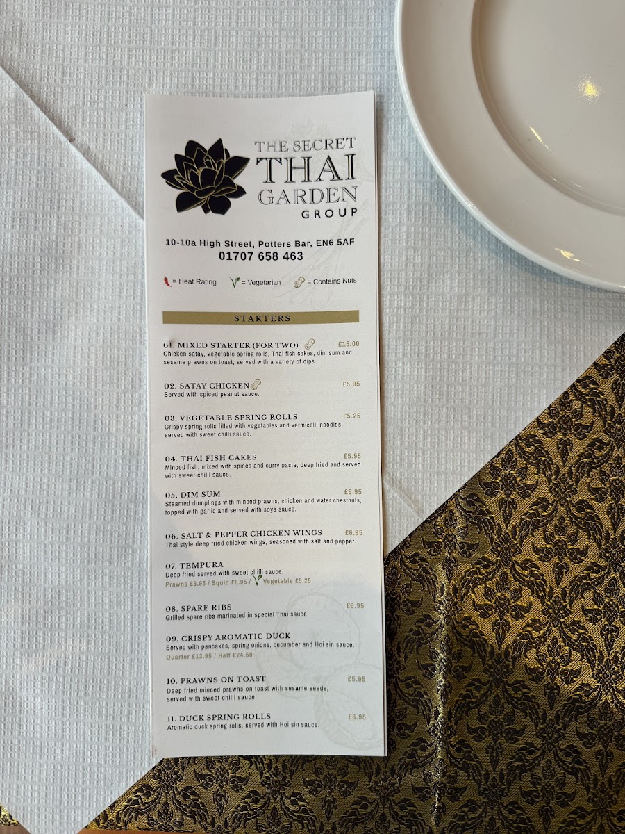 The Secret Thai Garden, Potters Bar Photo Menu 1