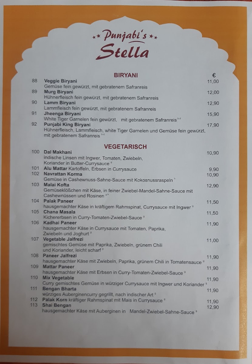 Punjabi´s Stella Indisches Restaurant Photo Menu 1