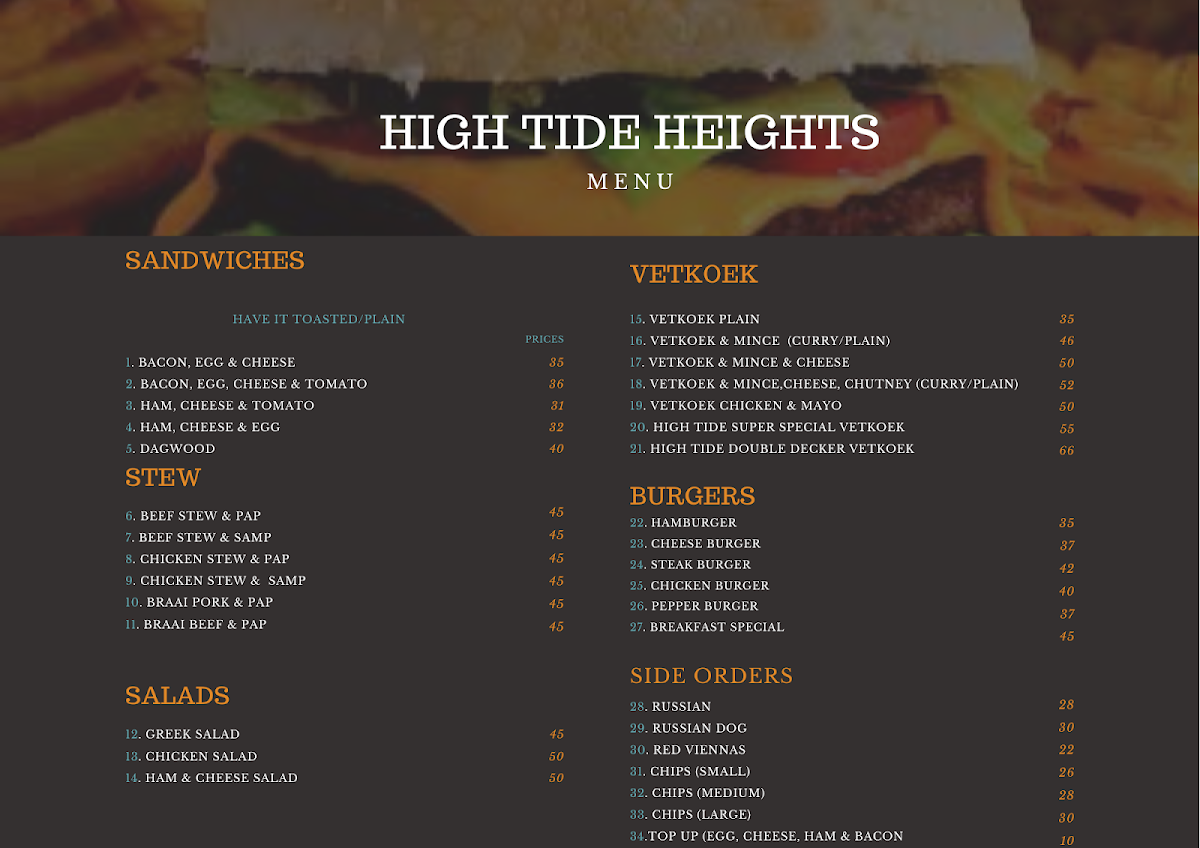 High Tide Heights. Photo Menu 1
