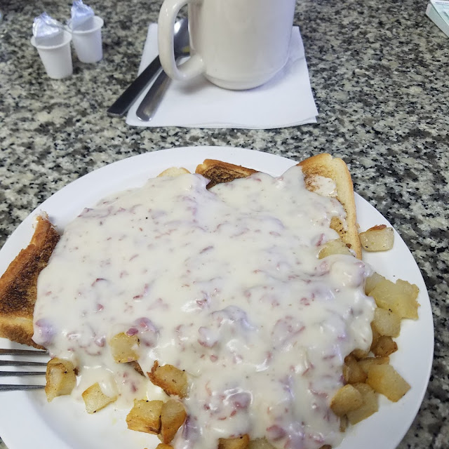 Creamed Chipped Beef on Toast or Homemade Biscuit with Potatoes and Coffee