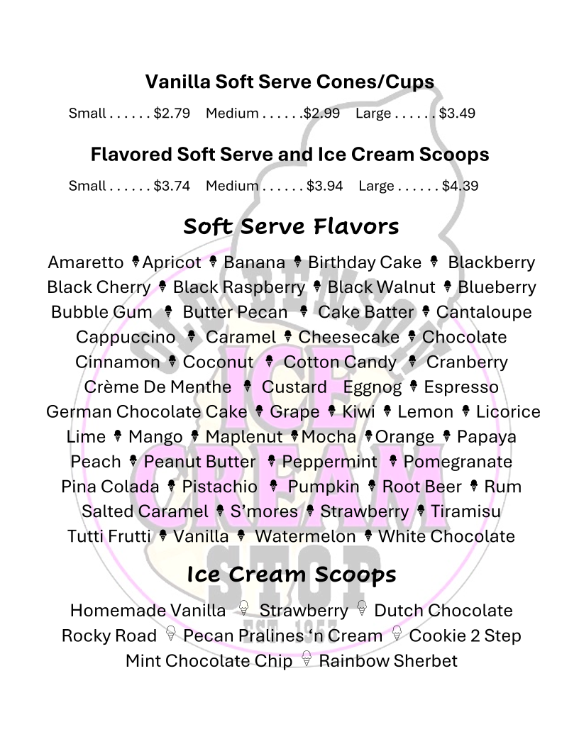 Old Benson Ice Cream Stop Photo Menu 2