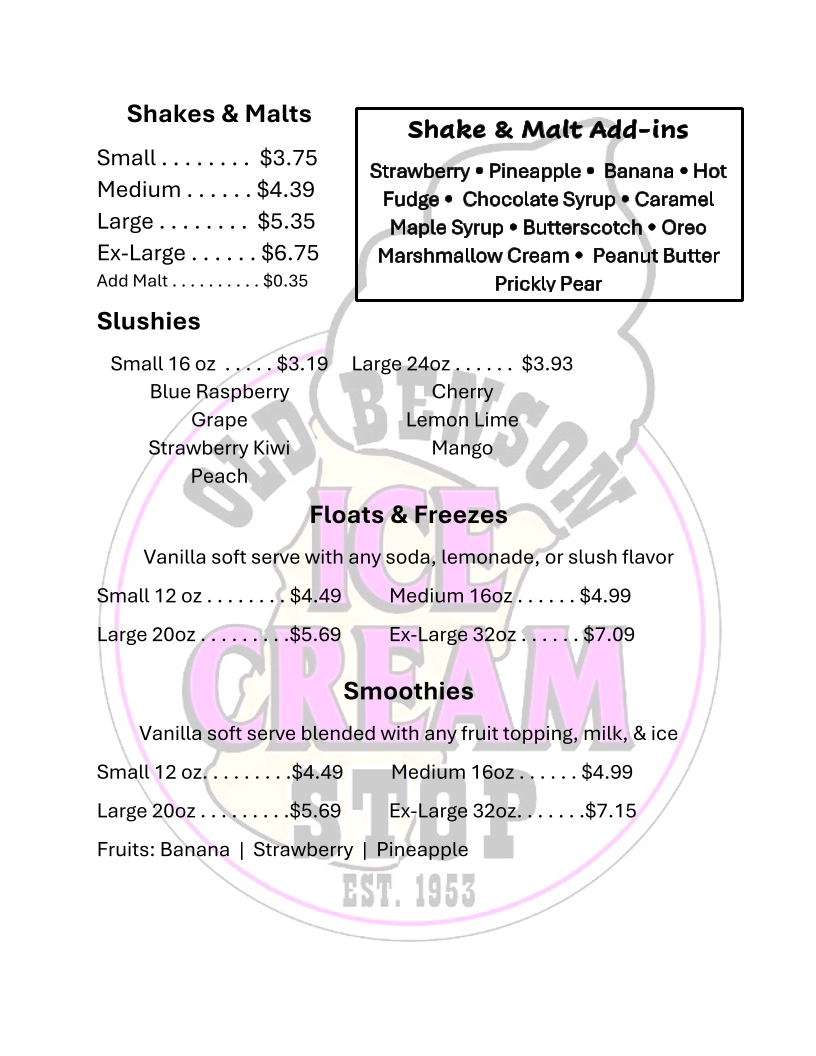 Old Benson Ice Cream Stop Photo Menu 5