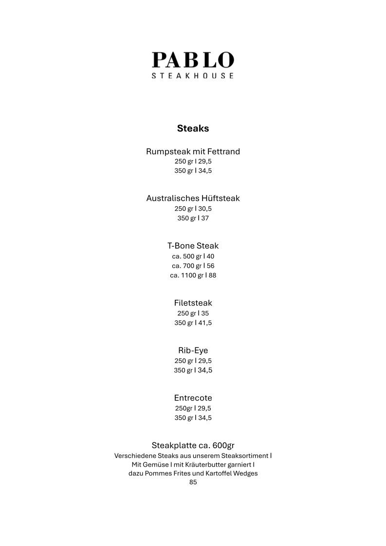 PABLO Steakhouse Photo Menu 2
