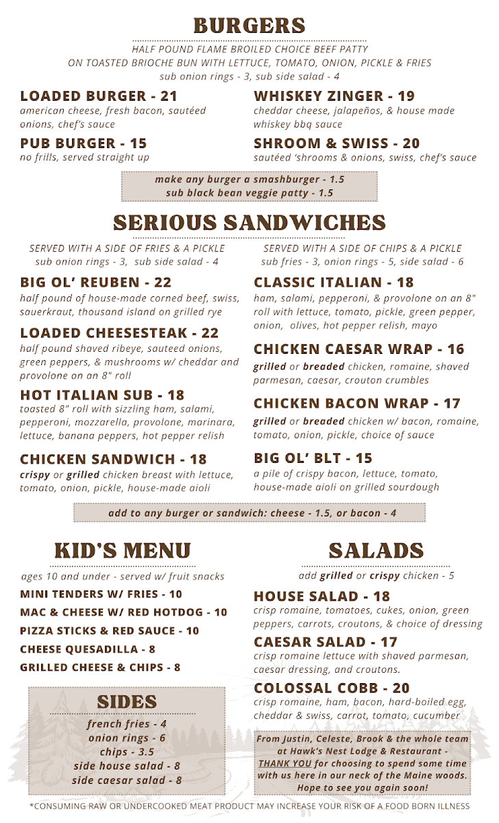 Hawk's Nest Lodge & Restaurant Photo Menu 1