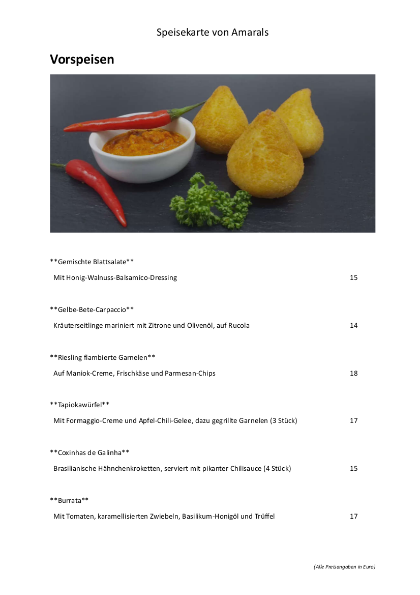Amarals Restaurant Photo Menu 1