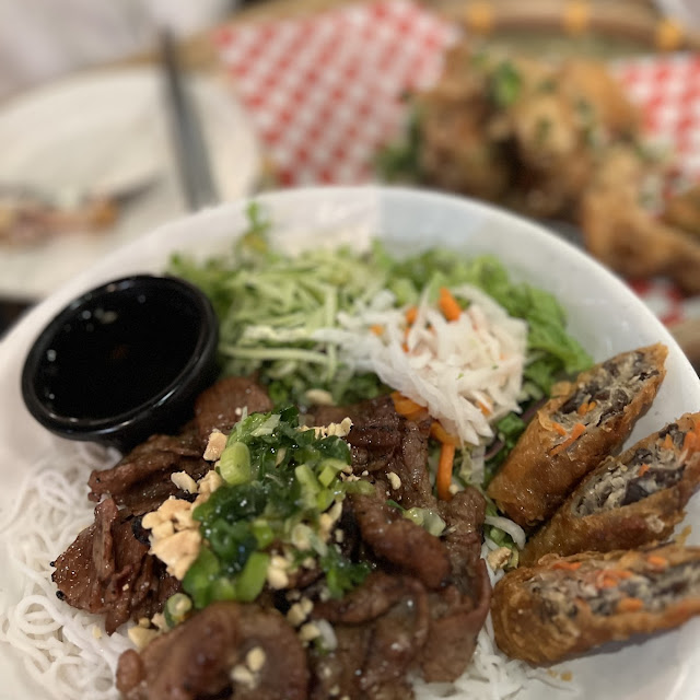 Grilled Chicken and Spring Rolls on Vermicelli
