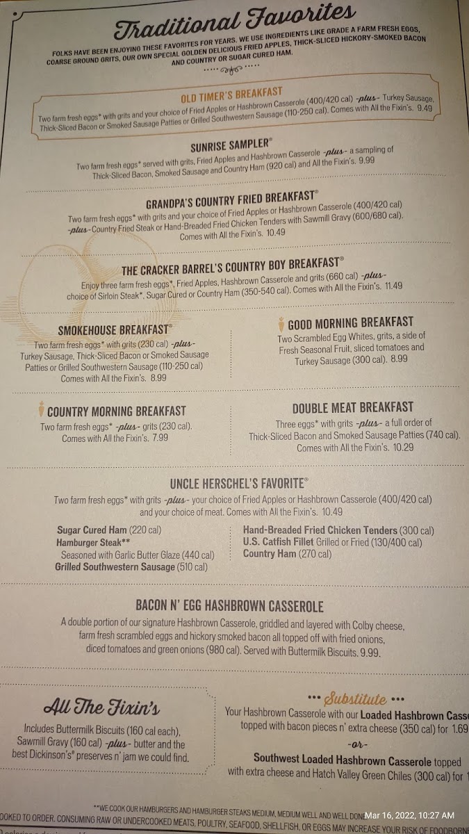 Cracker Barrel Old Country Store Photo Menu 9