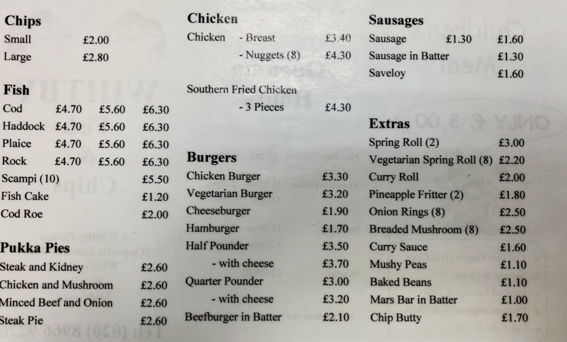 Whitby Fish Bar Photo Menu 2