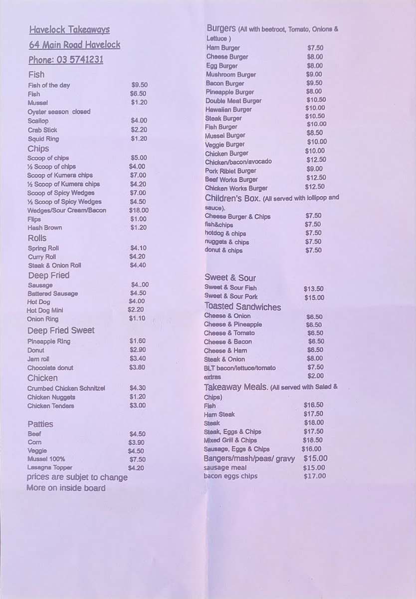 Havelock TakeAways Photo Menu 1